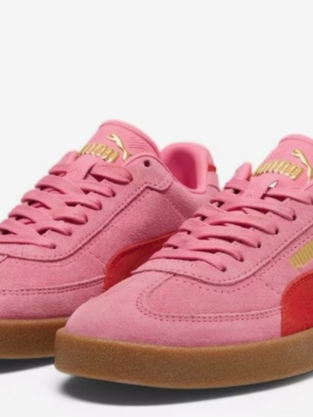 Puma Pink Suede Sneakers with Red Formstrip and Gold Logo